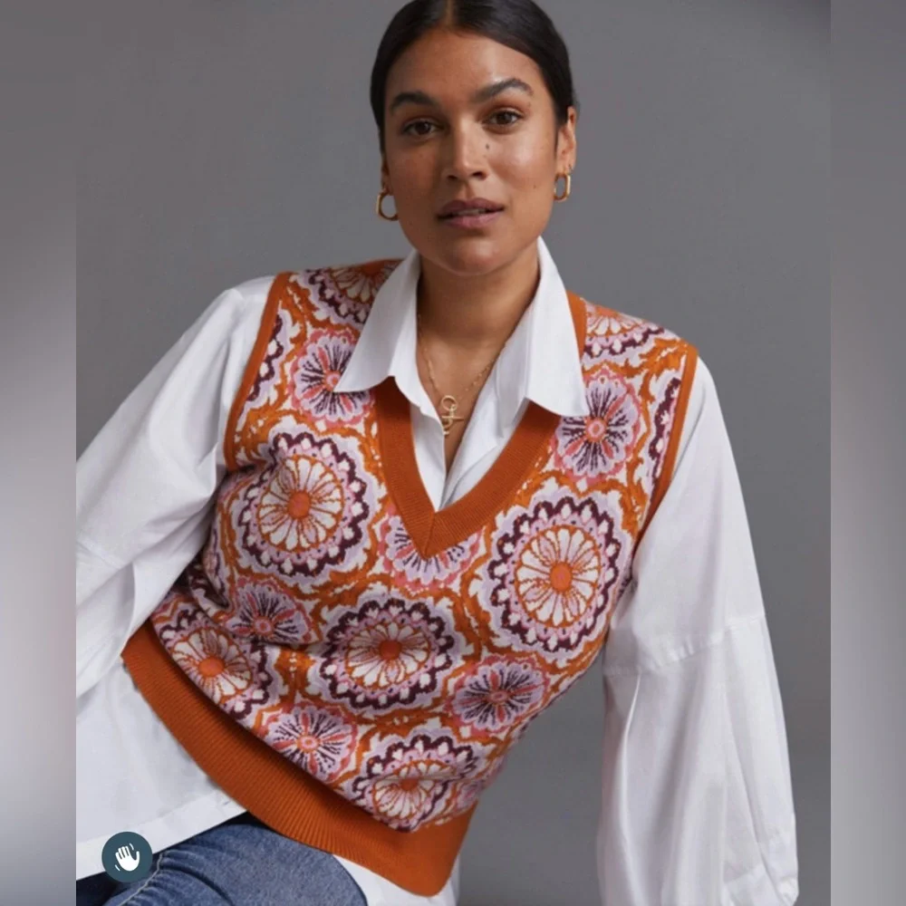 Maeve by Anthropologie Jacquard Sweater Vest Honey size small - Picture 4 of 16